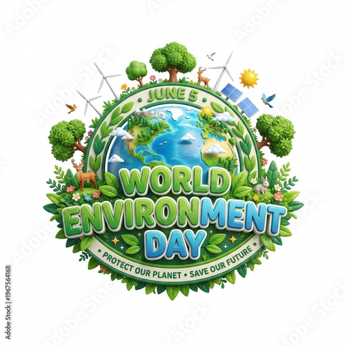  3D typography illustration for World Environment Day June 5 with Earth globe, animals, solar panel, wind turbine, and green nature elements.