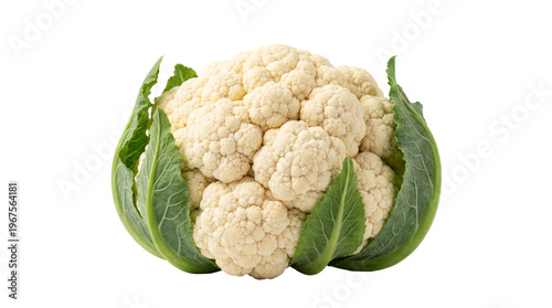 Photography Fresh white cauliflower with green leaves, isolated on transparent background