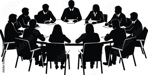 Black silhouette of a diverse business team sitting around a large round table during a formal corporate meeting or conference isolated on white