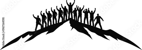 Black silhouette of a large group of people standing on mountain peak with raised hands celebrating success achievement and teamwork isolated on white