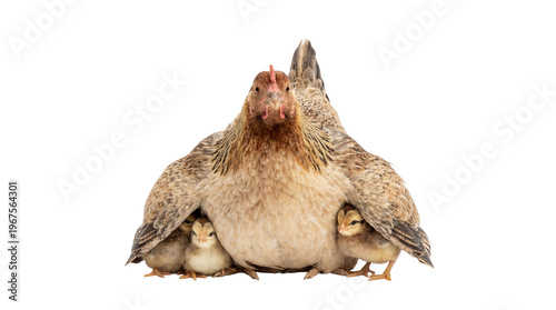 Mother hen protecting her chicks under her wings, isolated on transparent background
