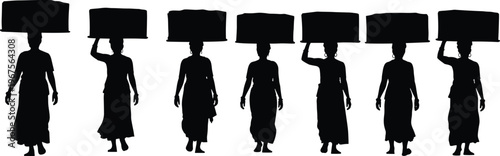 Black silhouettes set of Indian village women carrying heavy loads on their heads while walking isolated on white background for rural life concepts