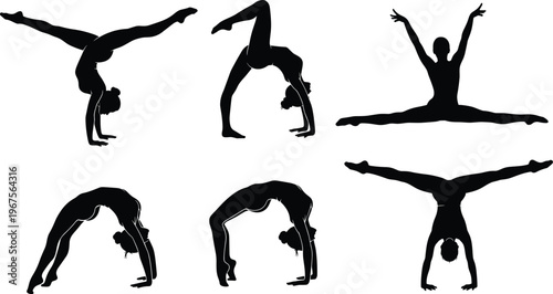 Black silhouettes set of professional gymnast girl performing various flexible poses including handstands bridges and splits isolated on white background for sports design