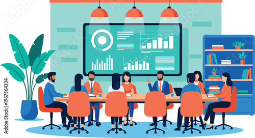 Flat vector illustration of a diverse business team having a board meeting in a modern office with data charts on a large screen