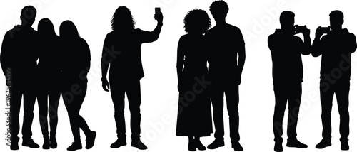 Large collection of diverse people black silhouettes featuring friends and couples taking selfies and photos with smartphones and cameras isolated on white background