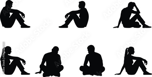 Set of sad and depressed people black silhouettes sitting on the floor in various lonely poses isolated on white background for mental health