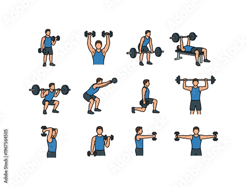 Collection of male figures performing various weightlifting exercises with barbells and dumbbells