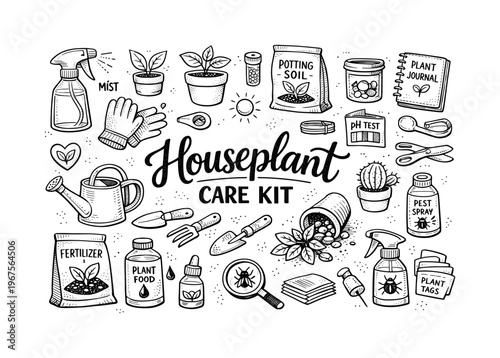 Houseplant care kit illustration, hand drawn doodle elements set, center hand-lettered title, black & white vector line art, bold