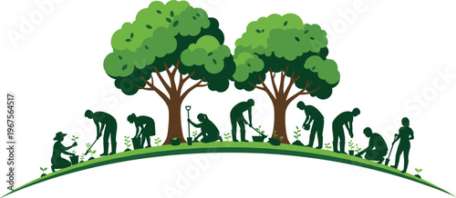 Vector illustration of diverse people silhouettes planting trees and gardening on a green hill for environmental protection reforestation and nature conservation concepts