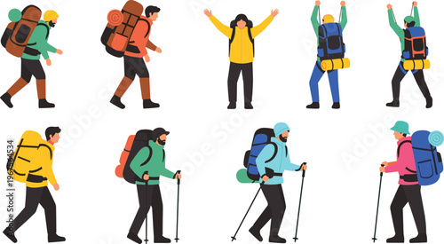 Vector illustration set of diverse hikers with large backpacks and trekking poles walking and celebrating achievement isolated on white background for outdoor adventure