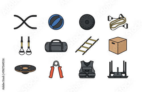 Collection of diverse fitness equipment for functional strength training and exercise