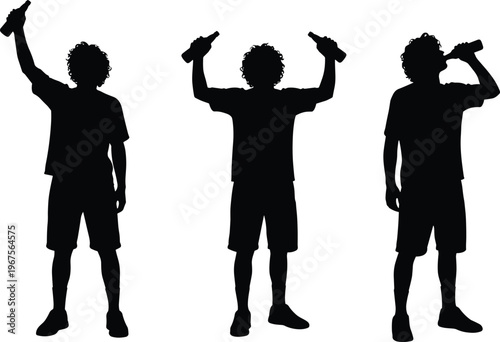 Young man black silhouettes set featuring curly haired guy drinking beer and holding glass bottles up in celebration isolated on white background for party