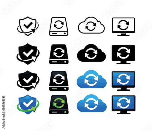Icon object one representing the first system backup element, icon object two representing the second, icon object three