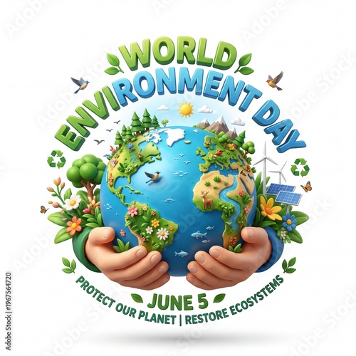  3D typography illustration for World Environment Day June 5 with Earth globe, animals, solar panel, wind turbine, and green nature elements.