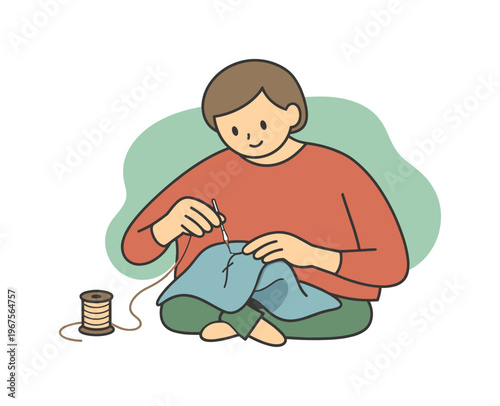Warm person repairs torn fabric guiding a needle carefully as thread pulls tight and the space feels steady | scene of person
