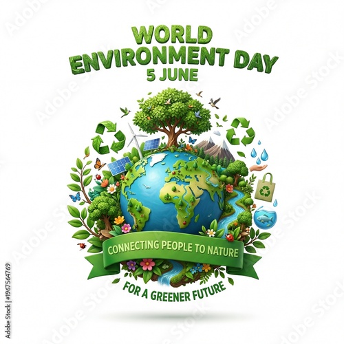  3D typography illustration for World Environment Day June 5 with Earth globe, animals, solar panel, wind turbine, and green nature elements.