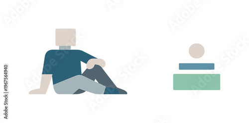 Individual resting in an open white field with one aligned abstract symbol nearby, presenting inner priorities as calm and