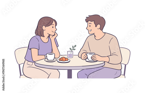 Couple sitting cafe table in a quiet afternoon setting, shoulders slightly turned toward each other in relaxed conversation,