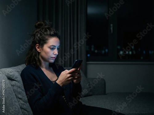 Woman using smartphone on couch at night in urban apartment with city lights visible through window