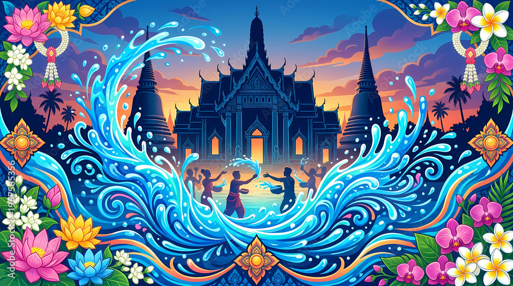 Obraz premium Songkran poster with floral frame, temple and water splash composition, elegant and festive design for greeting cards.