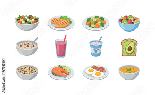 Collection of healthy and delicious meal illustrations for a balanced diet