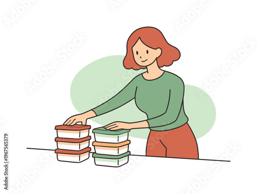 Warm person places food containers on a counter, aligning lids and stacking boxes neatly during a calm kitchen moment indoors now
