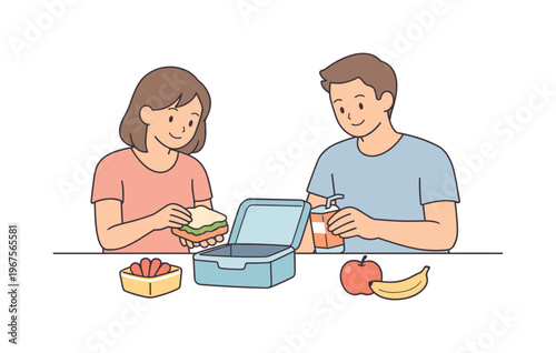 Two parents organizing school lunch items side by side, simple lunch box and fruit as minimal props with gentle cooperation,