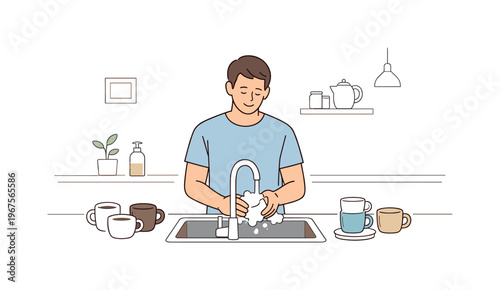 Man tidying kitchen by washing coffee cups, balanced composition with sink and cups centered and open space around, minimalist