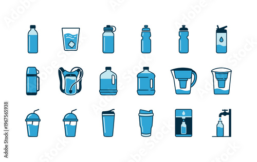 Collection of icons representing various water containers and hydration devices