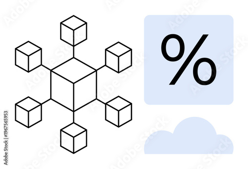 Blockchain, cloud storage, analytics, finance tools, data science, decentralized systems. Cube nodes linked in a network, percentage sign cloud icon. Blockchain and cloud storage
