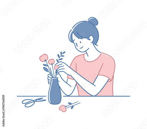 Woman arranging flowers into vase as calming daily habit, friendly proportions and relaxed posture emphasizing simplicity,