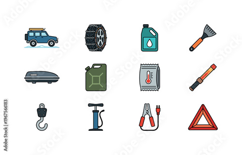 Collection of essential car winter emergency kit icons for safe travel
