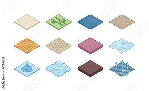 Collection of isometric fabric textures and material properties illustrated