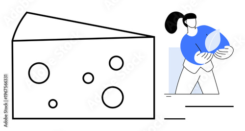 Sustainable food, plant-based eating, environmental health, dairy products, eco-friendly habits, nutrition. Large cheese wedge with holes, person holding a leaf. Sustainable food and plant-based