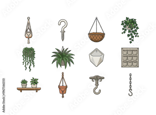 Collection of illustrated hanging plants and accessories for home decor