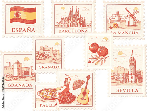 Vintage Spain travel postage stamps set, retro Spanish landmarks and culture illustrations, collection of 8 antique style vector stickers with Barcelona, Sevilla, and Granada themes