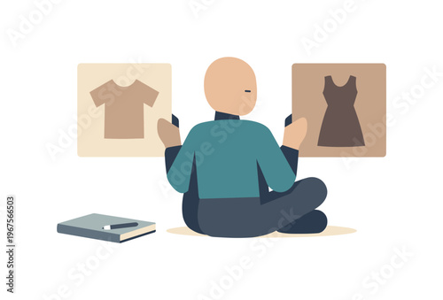 Minimalist Decision Illustration. Individual aligning two remaining options side by side, beginning internal comparison without