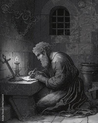 Ink etching style illustration of Saint Paul writing a letter by lamplight in a Roman prison cell