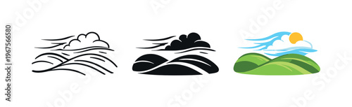 Open landscape scene portrayed by rolling cloud streaks moving in one direction, identical silhouette repeated side by side as