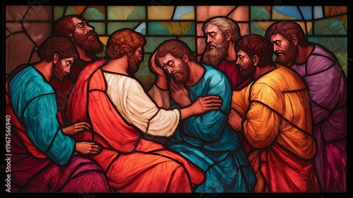 Stained glass style illustration of doubting Thomas placing his hand on the wound of the risen Christ