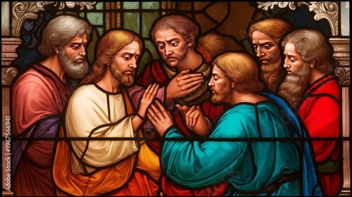 Stained glass style illustration of doubting Thomas placing his hand on the wound of the risen Christ