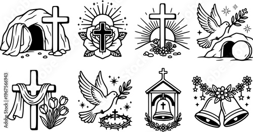 Black and white religious symbols collection featuring resurrection cave cross with cloth sunrise flower dove with olive branch and church bells vector art