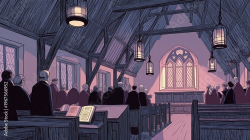 Risograph print illustration of a Welsh chapel choir rehearsal with warm interior lamplight and wooden pews