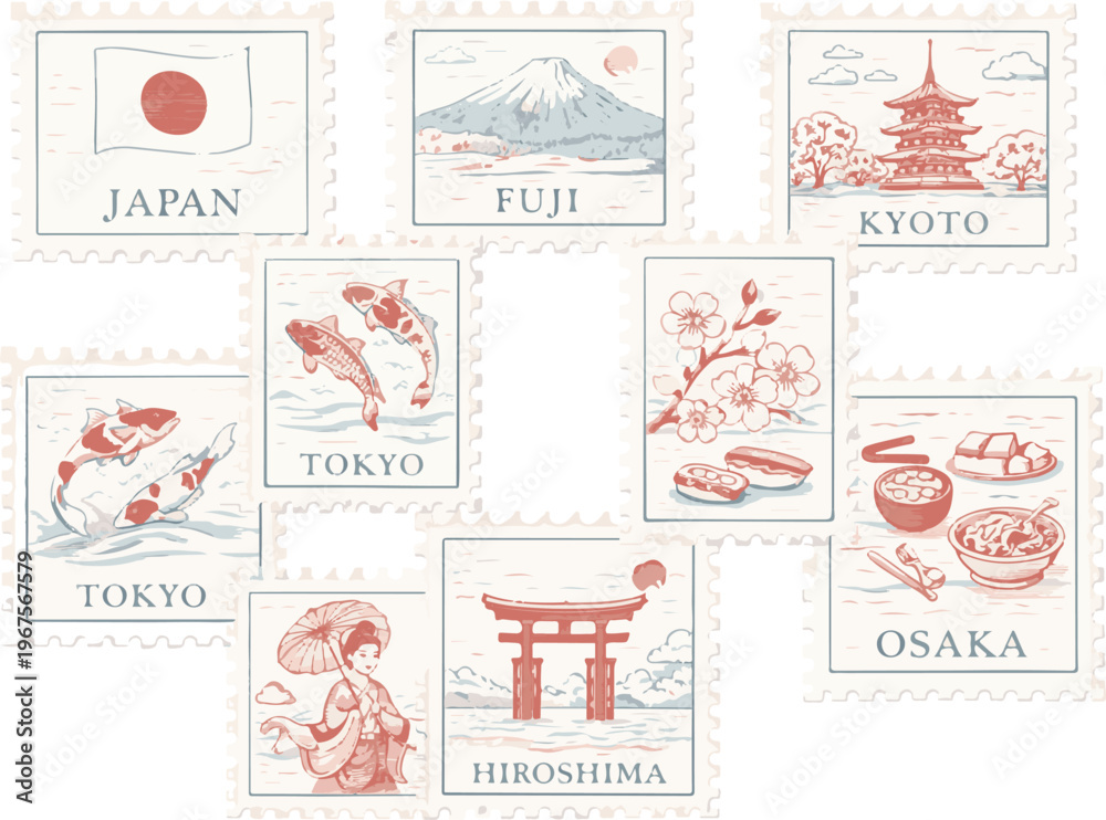 Fototapeta premium Vintage Japan travel postage stamps set, 9 vector illustrations of Fuji, Kyoto, Tokyo, Osaka and Hiroshima, retro Japanese culture icons with koi fish, torii gate and cherry blossoms