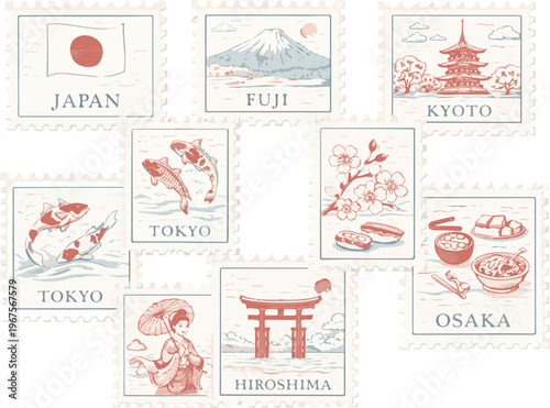 Vintage Japan travel postage stamps set, 9 vector illustrations of Fuji, Kyoto, Tokyo, Osaka and Hiroshima, retro Japanese culture icons with koi fish, torii gate and cherry blossoms