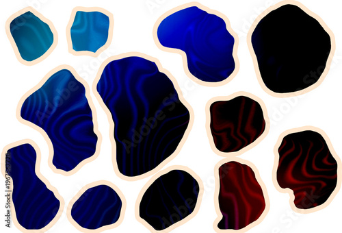 Abstract fluid shapes set with dark blue and red gradient layers in modern liquid style. Organic wavy forms with topographic line texture, perfect for branding, posters, social media, web design, pack