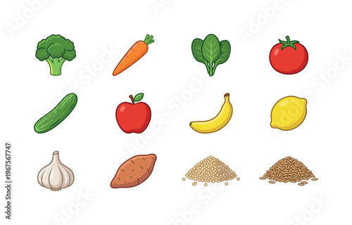 Collection of fresh fruits and vegetables arranged in a grid pattern