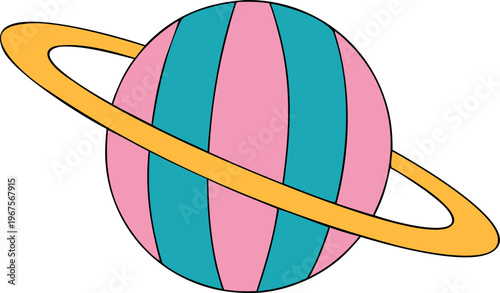 Planet With Ring Icon Flat Vector Illustration, Space Doodle Style