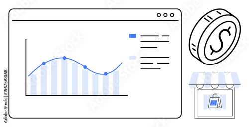 E-commerce trends, financial analytics, market growth, sales insights, investment planning, online shopping economy. Line graph with data points, coin and store icon. Financial analytics e-commerce