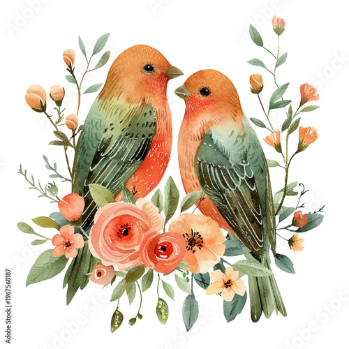 love bird and flowers vector hand drawn illustration